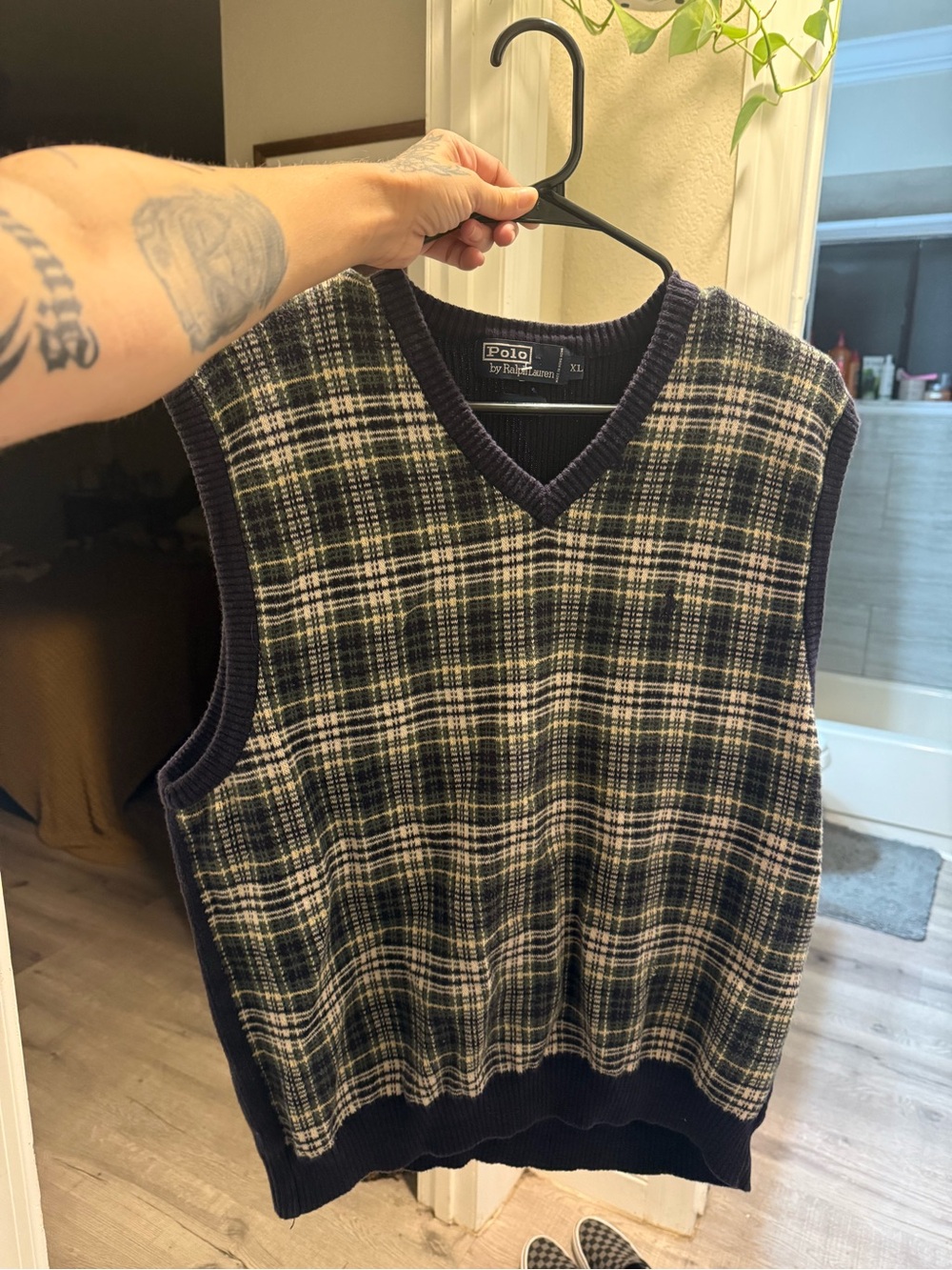 Ralph Lauren Navy and Cream Plaid V-Neck Sweater Vest